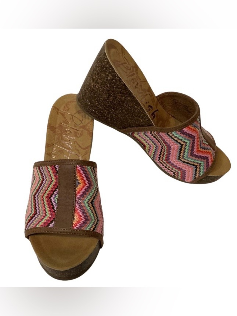 Blowfish Malibu Size 8 Platform Wedge Slide Sandals Woven Multicolor Cork Look